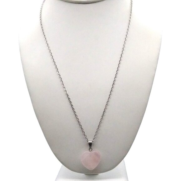 Rose Quartz Heart Pendant Necklace, Pink Natural Stone on Silver Tone Chain - Picture 2 of 3